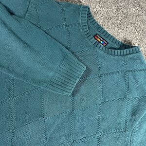 Alexander Julian Colours Teal Cotton Knit Sweater Basketweave BLock Mens Size XL